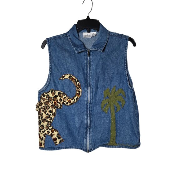 Carolina Colours Womens Elephant Palm Tree Beaded Denim Vest Size Large Safari - Picture 2 of 12